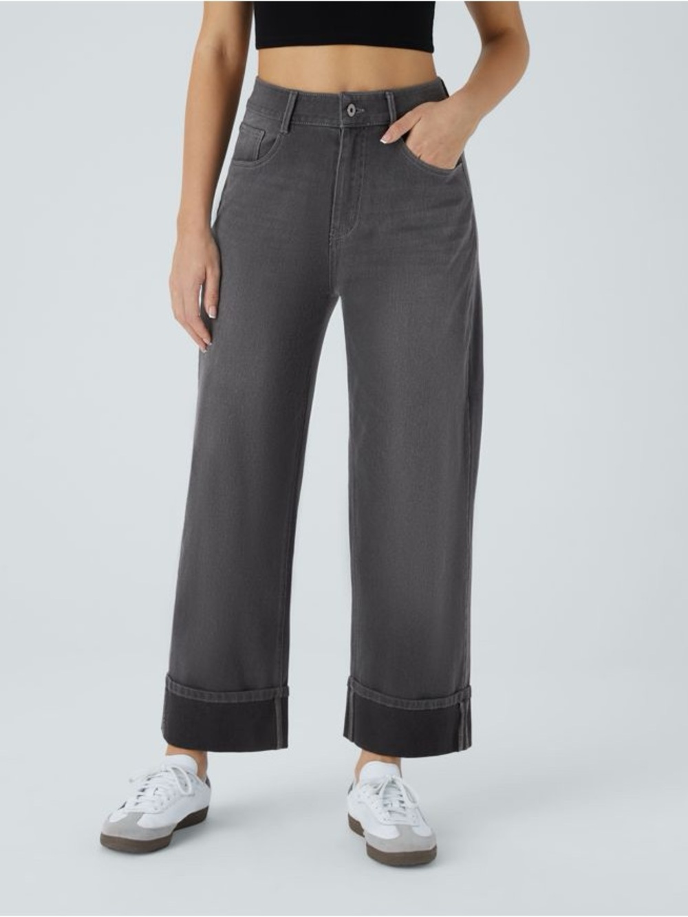 Halara Flex™ High Waisted Wide Leg Jeans Charcoal Gray Rolled Hem Tall L